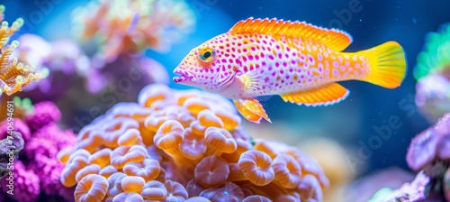 Colorful hawkfish swimming amidst vibrant corals in saltwater aquarium environment © Ilja