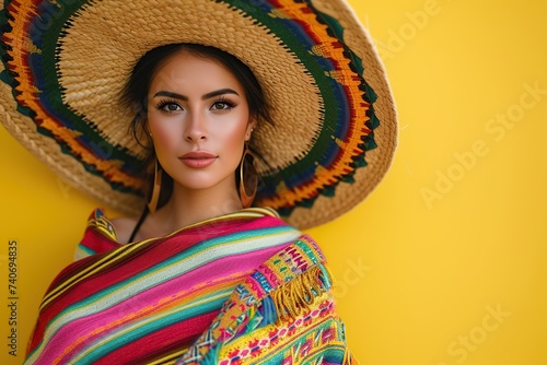 Beautiful young mexican woman wearing sombrero and poncho on yellow background