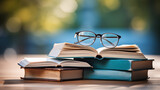 A stack of books and a pair of glasses . Blurred background