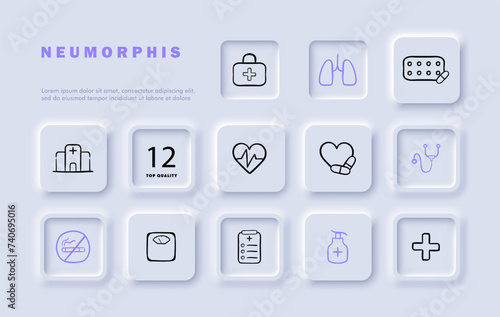 Prevention line icon set. Comprehensive, customized, therapeutic, first aid kit, hospital, scales, heartbeat, lungs . Neomorphism style. Vector line icon for business and advertising