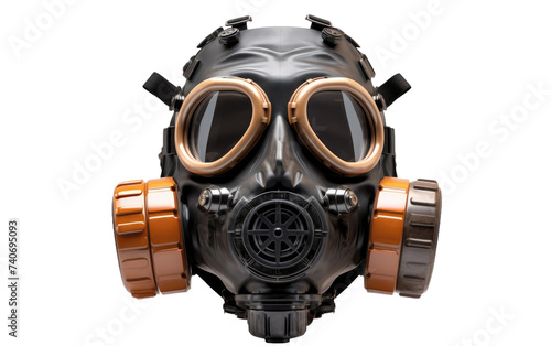 A photo featuring a gas mask adorned with goggles. on White or PNG Transparent Background.