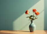 a few roses in blue vase at a table, in the style of light turquoise and orange