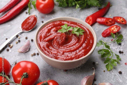 Organic ketchup in bowl and ingredients on grey textured table, closeup. Tomato sauce