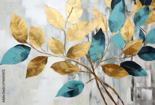 a painting with abstract leaf shapes and gold leaves