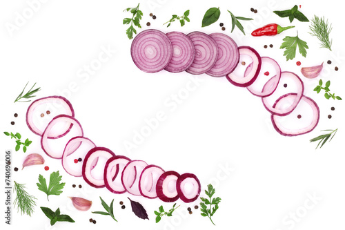 onions, garlic, hot pepper and spices isolated on white background. Top view © kolesnikovserg
