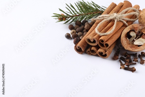 Different spices, nuts and fir branch on white table, space for text