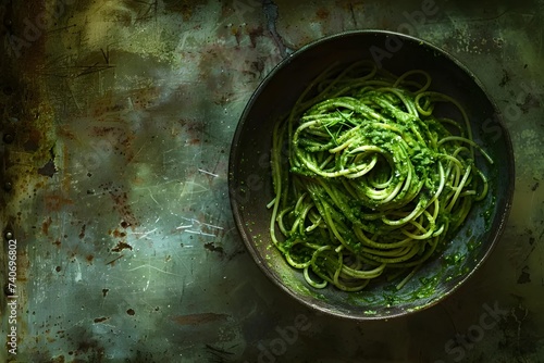 Rustic Bowl of Spaghetti Coated in Rich Green Pesto on a Weathered Metal Background.