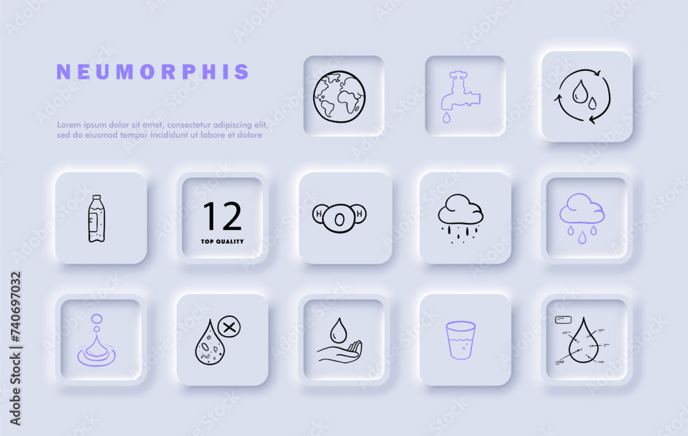Thirst line icon set. Clear, pure, refreshing, thirst-quenching, beverage, drink, cloud, rain, glass. Neomorphism style. Vector line icon for business and advertising Thirst line icon set. Clear, pure, refreshing, thirst-quenching, beverage, drink, cloud, rain, glass. Neomorphism style. Vector line icon for business and advertising