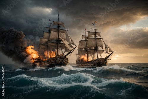 Historical painting of Sea battle in late 18th early 19th century, Ships ablaze, created with Generative AI technology