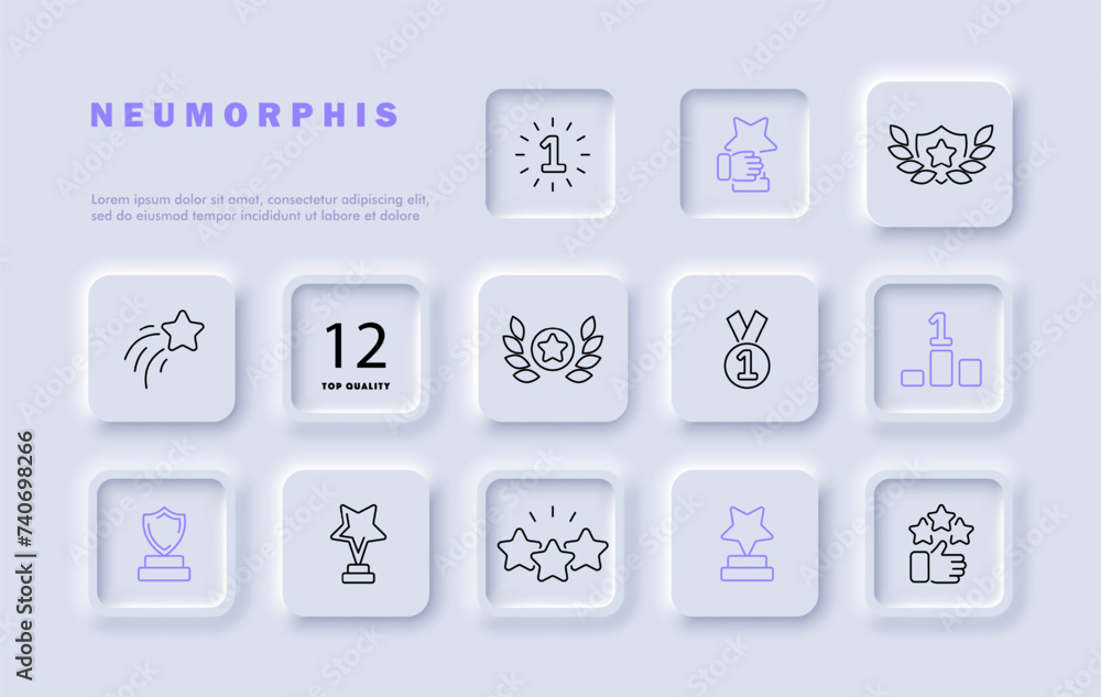 Contest line icon set. Prize, award, shield, first place, star, olive wreath, achievement, victory, excellence, top placement. Neomorphism style. Vector line icon for business and advertising Contest line icon set. Prize, award, shield, first place, star, olive wreath, achievement, victory, excellence, top placement. Neomorphism style. Vector line icon for business and advertising