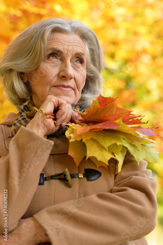 Beautiful sad elderly woman in autumn park