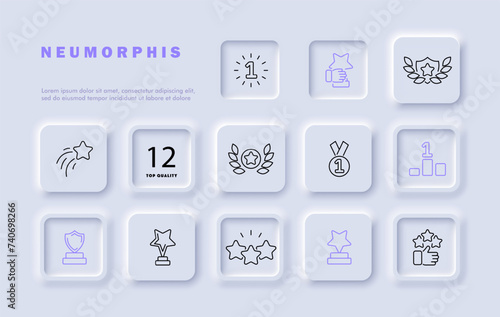 Contest line icon set. Prize, award, shield, first place, star, olive wreath, achievement, victory, excellence, top placement. Neomorphism style. Vector line icon for business and advertising