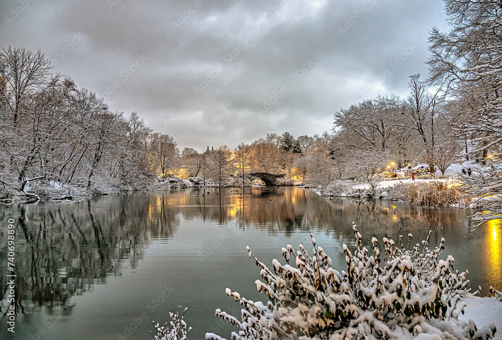 Gapstow Bridge in Central Park, during snow storm