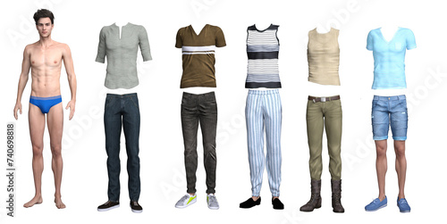 3d render : handsome male paper doll with different outfit for graphic resource,PNG transparent photo