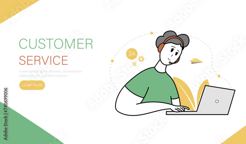 Online support landing page template. Man with headphones and with computer. Customer service, online and phone consultation. Vector illustration.