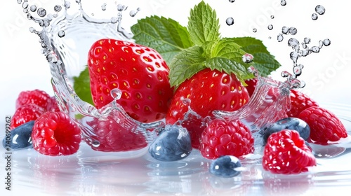 Assorted fruits and berries levitating in stunning water splash on white background