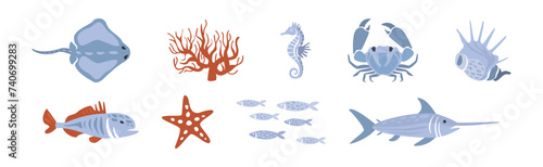 Sea Animals and Marine Creature Floating in Ocean Vector Set