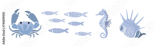 Sea Animals and Marine Creature Floating in Ocean Vector Set