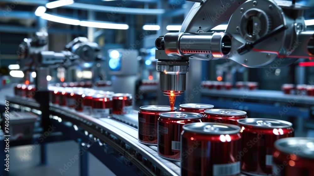 Fototapeta premium A close-up of a high-tech industrial beverage production line for canned products with a single row of shiny red metal cans moving along a conveyor belt