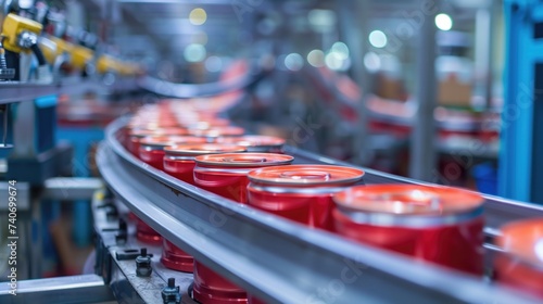 A close-up of a high-tech industrial beverage production line for canned products with a single row of shiny red metal cans moving along a conveyor belt