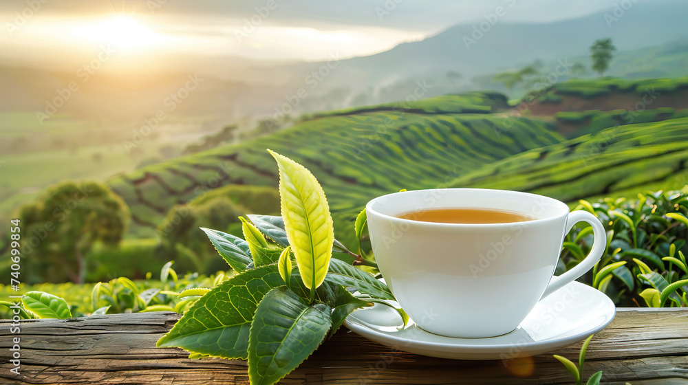 white mug of hot tea and fresh green tea leaves on the background of a tea plantation at sunset - obrazy, fototapety, plakaty 