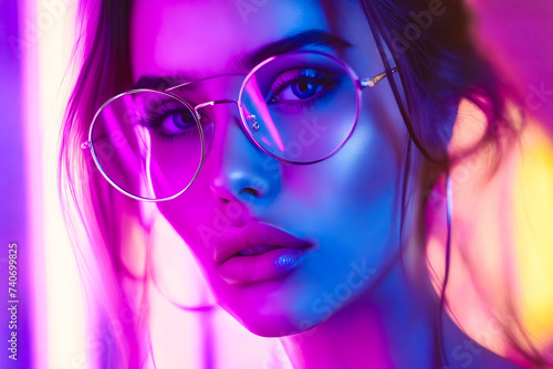 Purple and pink lit woman with glasses on her face.