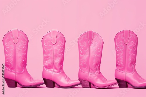 Various pink cowboy boots cowgirl stylish flat shoes pink color pink background pink world AI Gen 