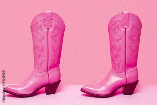 Various pink cowboy boots cowgirl stylish flat shoes pink color pink background pink world AI Gen 