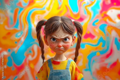 Cartoon girl with red pigtails and frowning expression in front of swirly colored background.