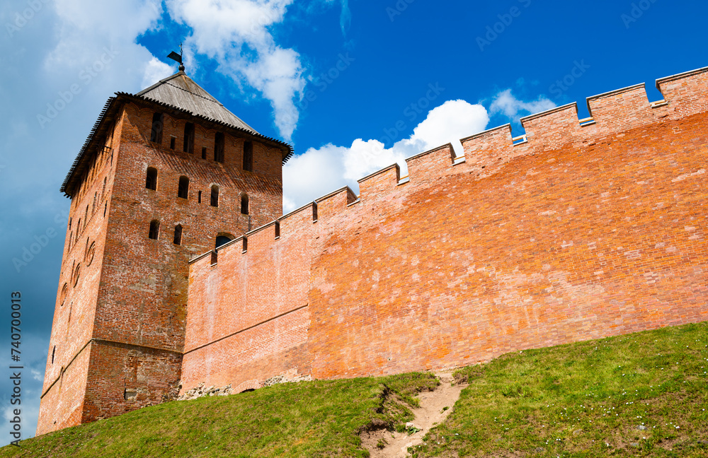 Tower and wall of Veliky Novgorod Kremlin (Novgorod Detinets). Sunny summer day. Russia