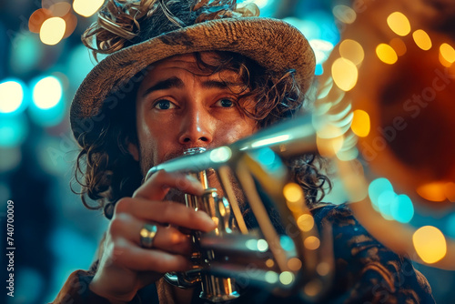 Man with long hair plays trombone while wearing straw hat. photo