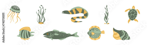 Sea Animals and Marine Creature Floating in Ocean Vector Set
