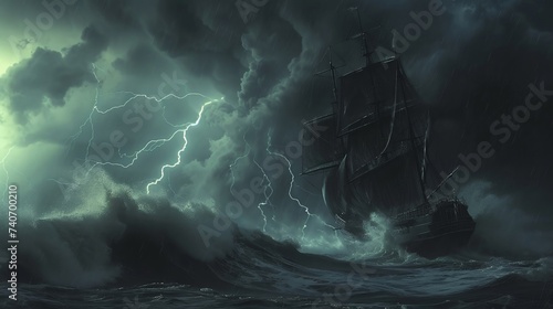 A ship with black sails in the storm at sea photo