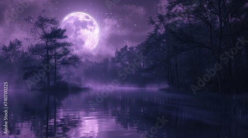 A purple sky with a full moon above a lake in the forest