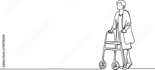 continuous single line drawing of senior woman walking with a rollator, line art vector illustration
