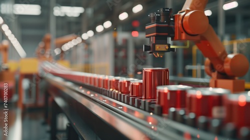 A close-up of a high-tech industrial production line for canned products with a single row of shiny red metal cans moving along a conveyor belt photo