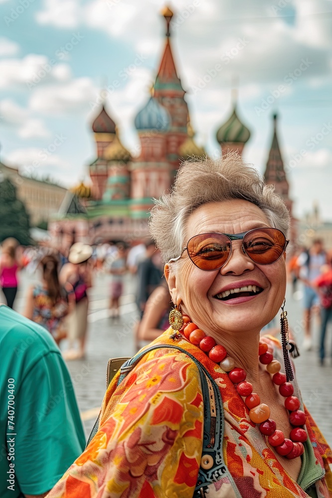 Group of senior female traveler portrait, in front of Moscow Kremlin, in summer.