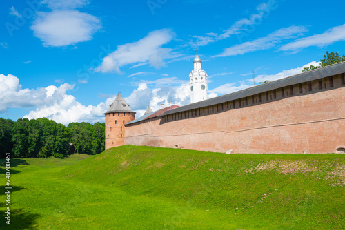 Tower and wall of Veliky Novgorod Kremlin (Novgorod Detinets). Sunny summer day. Russia photo