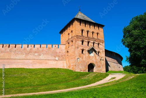 Towers and walls of Veliky Novgorod Kremlin (Novgorod Detinets). Sunny summer day. Russia