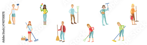 Eco Volunteers Man and Woman Collecting Garbage with Rake Vector Set