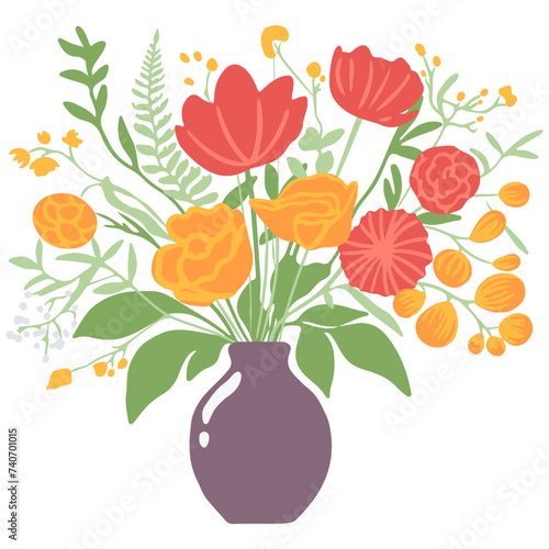 Beautiful bouquets with garden and wild flowers vector flat illustration. Various blooming plants with stems and leaves isolated on white. Floral decoration or gift