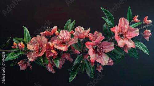 Long and large peach blossom bunch of flowers with leaves