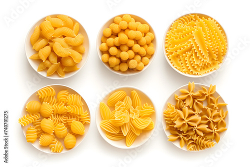 Pasta and macaroni set top view, dry penne, fusilli, rigatoni, conchiglie, farfalle, chiferri isolated on white background