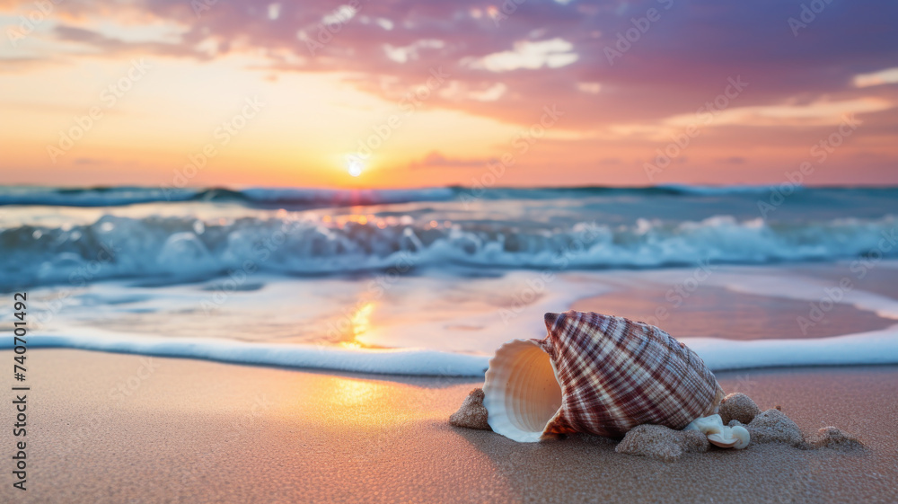Obraz premium conch shells in beach shore at sunset
