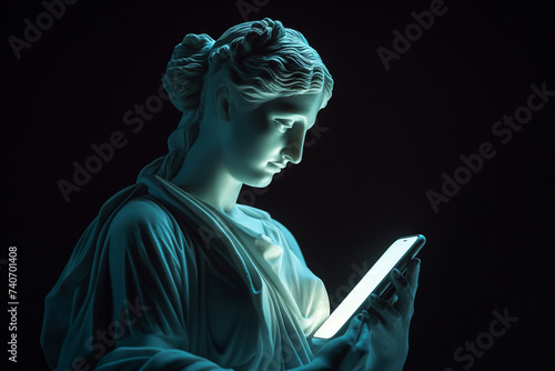 Ancient Greek goddess sculpture holding a smartphone in the dark. Female marble statue scrolling social media. Doomscrolling, mental health, digital wellness, time loss concept. Bad habits, news.