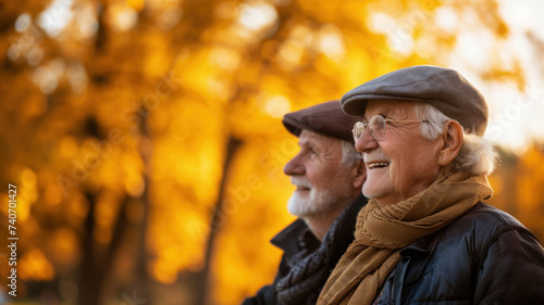 two senior men in park enjoying retirement