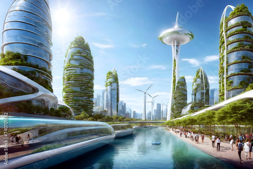 Eco friendly sustainable green city of the future, futuristic cityscape, concept based on green energy, eco industry, environmental technology, Scyscrapers with vertical gardens, clean water channels. photo
