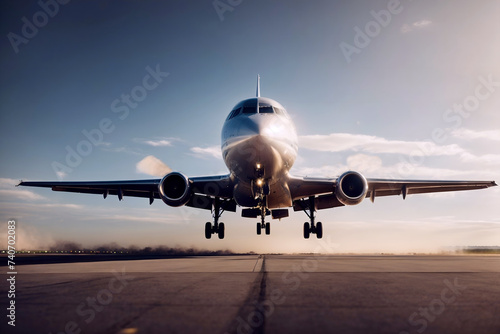 Passenger jet or cargo airplane taking off, landing at the airport. Traveling, air transportation.