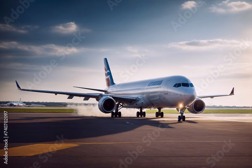Passenger jet or cargo airplane taking off, landing at the airport. Traveling, air transportation.