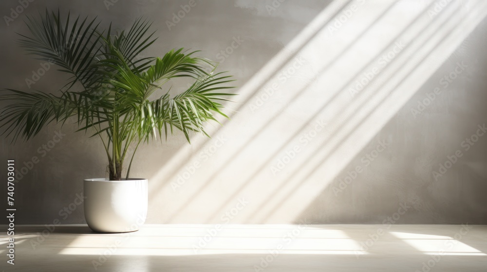 tropical palm plant in front of light wall, in the style of luminous shadows